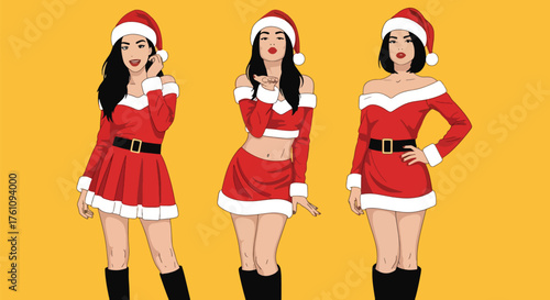 Vector art of three pin-up sexy women in festive Santa dresses and hats posing cheerfully on a bright background, ideal for Christmas marketing, holiday invitations, or seasonal promotions