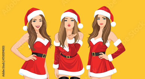 Vector art of three pin-up sexy women in festive Santa dresses and hats posing cheerfully on a bright background, ideal for Christmas marketing, holiday invitations, or seasonal promotions
