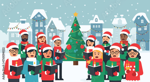 Flat vector of joyful carolers singing Christmas songs in snow-covered town square with festive decorations and lights