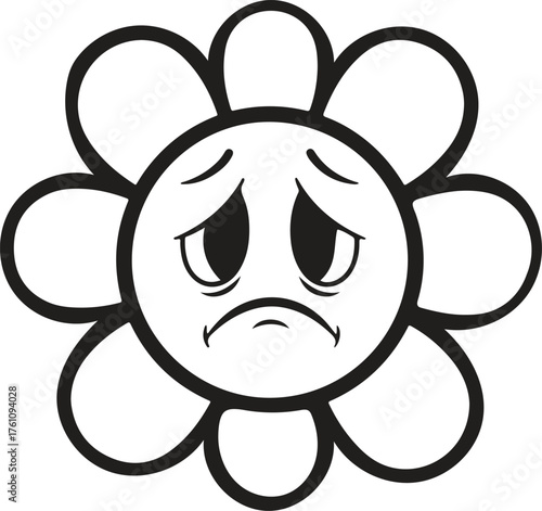 Sad flower character illustration with downturned mouth showing sorrow in black and white