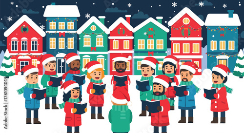 Flat vector of joyful carolers singing Christmas songs in snow-covered town square with festive decorations and lights