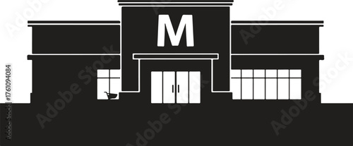 Silhouette of a Shopping Center with the Letter M and a Shopping Cart Symbol