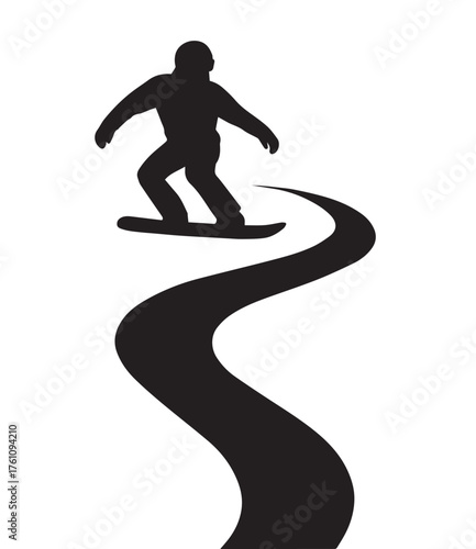 Black silhouette of a snowboarder on a winding path against a white background vector
