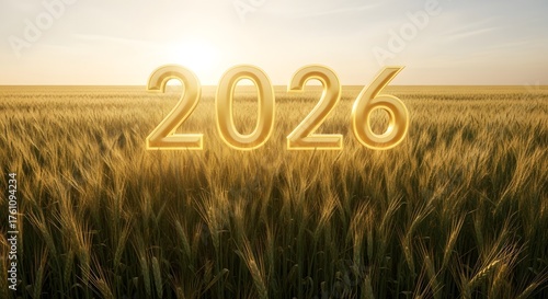 Golden year 2026 illuminated by the sun over a vast wheat field