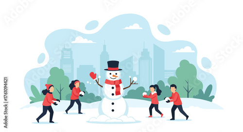 Flat vector of children building snowman and throwing snowballs in snowy field, joyful outdoor Christmas fun scene