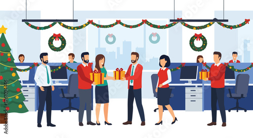 Flat vector of colleagues exchanging Christmas presents in decorated office, cheerful holiday teamwork concept
