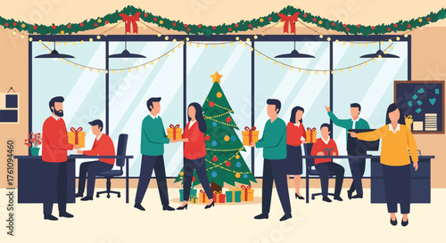 Flat vector of colleagues exchanging Christmas presents in decorated office, cheerful holiday teamwork concept