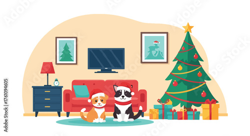 Flat vector of adorable pets in Santa hats sitting beside Christmas tree with wrapped gifts, cheerful holiday pet theme