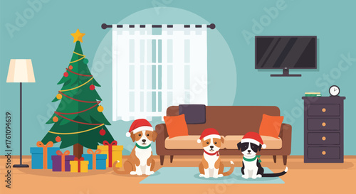 Flat vector of adorable pets in Santa hats sitting beside Christmas tree with wrapped gifts, cheerful holiday pet theme