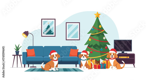 Flat vector of adorable pets in Santa hats sitting beside Christmas tree with wrapped gifts, cheerful holiday pet theme