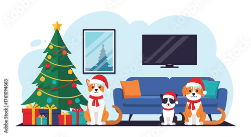 Flat vector of adorable pets in Santa hats sitting beside Christmas tree with wrapped gifts, cheerful holiday pet theme