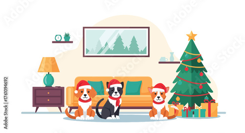 Flat vector of adorable pets in Santa hats sitting beside Christmas tree with wrapped gifts, cheerful holiday pet theme