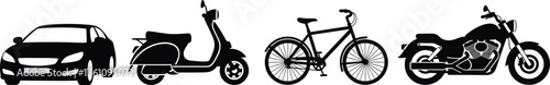 Silhouettes of Car, Scooter, Bicycle, and Motorcycle Showcasing Personal Transportation Modes for Urban Mobility and Vehicle Comparison Design