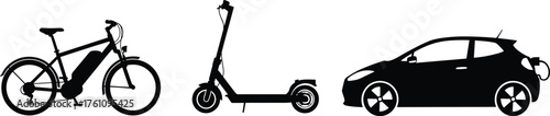 Electric Bicycle, Scooter, and Car Silhouettes Representing Eco-Friendly Personal Transport Modes for Modern Urban Mobility and Green Vehicle Concepts