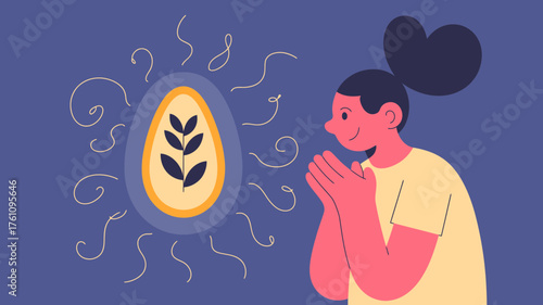 A young woman with her hands clasped in prayer or meditation gazes at a glowing golden egg with a sprig of leaves inside