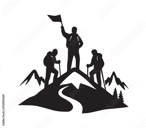 Three hikers with backpacks and poles reach mountain summit planting flag on peak with pine trees and winding path below