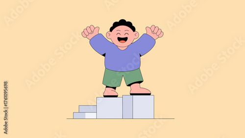 Excited cartoon man with arms raised in celebration standing on a podium against a plain background