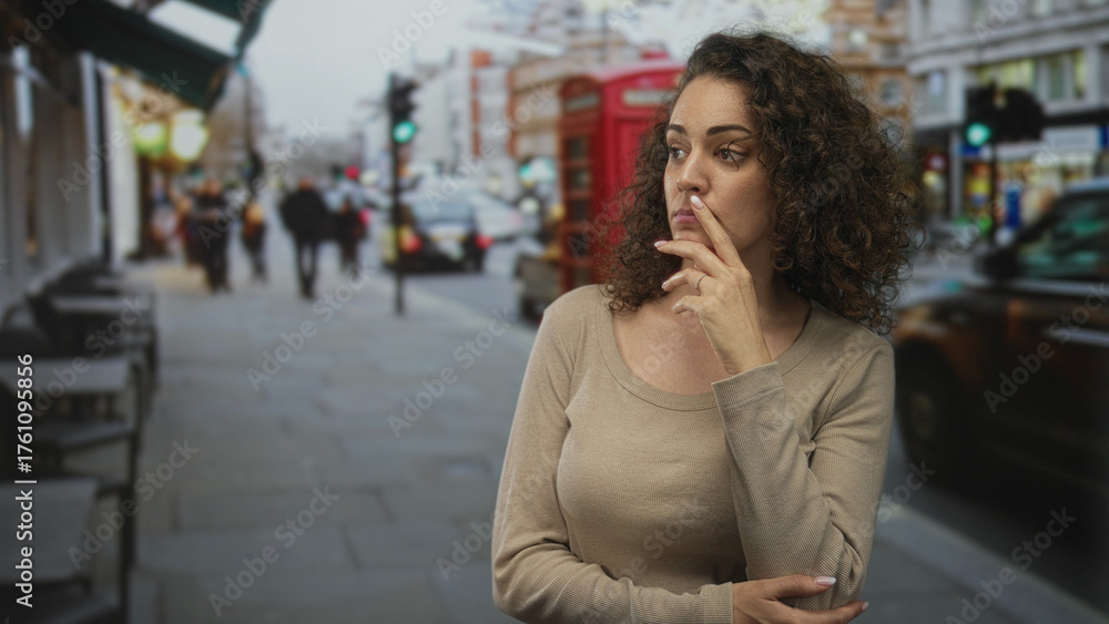 Fototapeta premium Woman wearing beige sweater finger to lips on a busy city street near a red phonebox and taxi; thoughtful uncertainty.