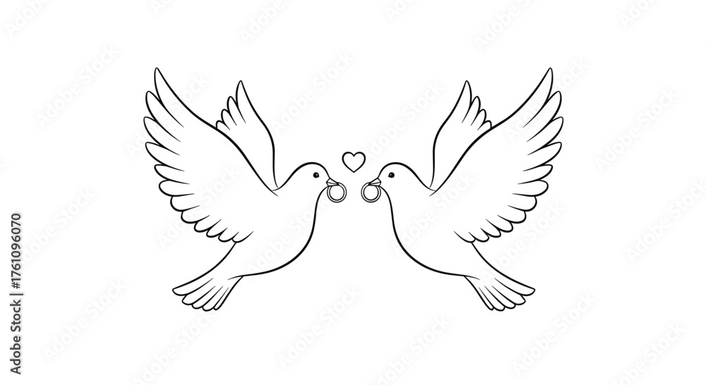 Fototapeta premium Two doves with hearts flying towards each other.