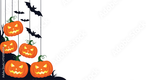 Spooky pumpkins and bats flying high on a dark night for Halloween.