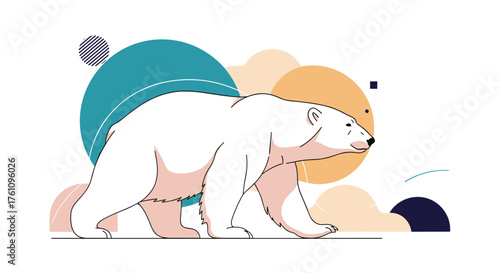 An arctic polar bear walks through a surreal landscape of colorful abstract shapes and circles.