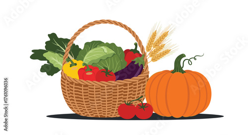 A bountiful harvest basket overflowing with fresh ripe vegetables and a bright orange pumpkin sits on a white background.