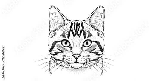 A close up black and white illustration of a cat face with tabby markings.