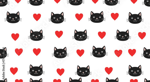 Seamless pattern of cute black cat faces and red hearts.