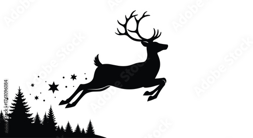 A majestic stag leaps through a starry night above a silhouette of pine trees.