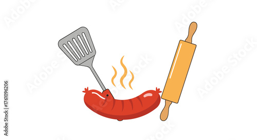 Sizzling sausage cooking with a spatula and rolling pin for delicious food preparation.
