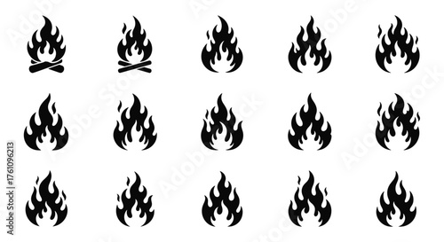 A collection of simple black flame icons in various styles and sizes for design.