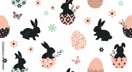 Cute easter bunny silhouettes with colorful eggs and flowers seamless pattern.