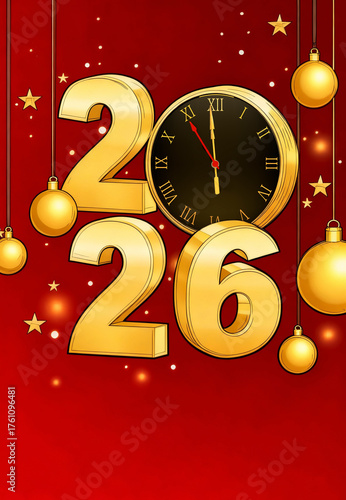 New Year 2026 celebration with golden numbers and clock on red background, copy space