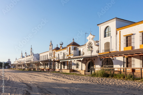 El Rocio, Sevilla, Andalusia, Spain. 28 August 2025. Traditional houses and sandy square in El Rocio