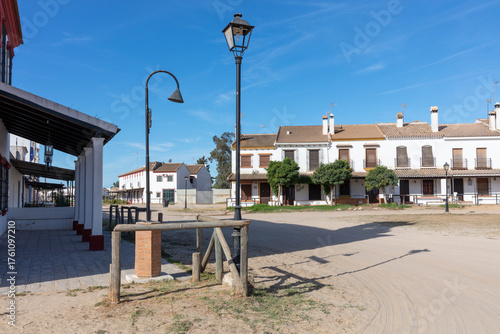 El Rocio, Sevilla, Andalusia, Spain. 28 August 2025. Traditional houses and sandy square in El Rocio