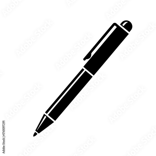 Simple black silhouette of a ballpoint pen on a white background