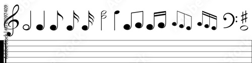 Music notes icons set, group musical notes and clef symbols with staff isolated