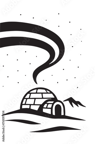 Black and white illustration of an igloo under the aurora borealis with stars in the night sky northern lights