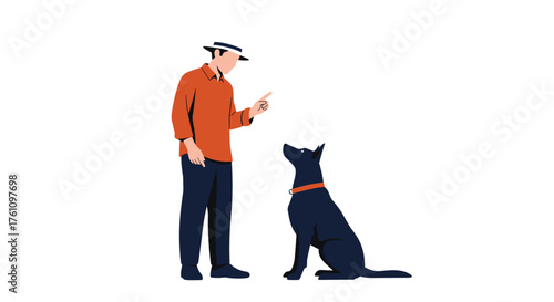 A man in an orange shirt and blue pants trains a black dog on a white background.