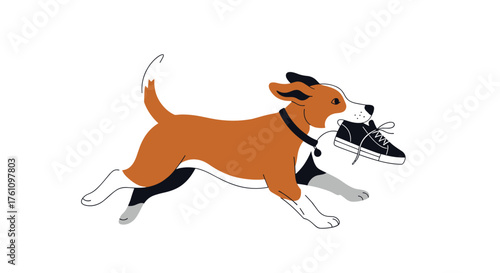 A happy dog is running with a sneaker in its mouth.