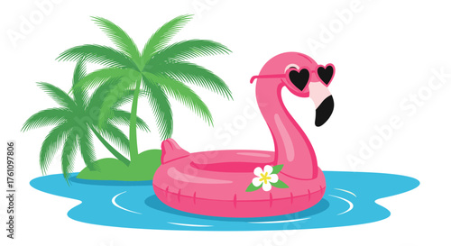 A fun pink flamingo float wearing heart shaped sunglasses relaxes in the blue water near palm trees.