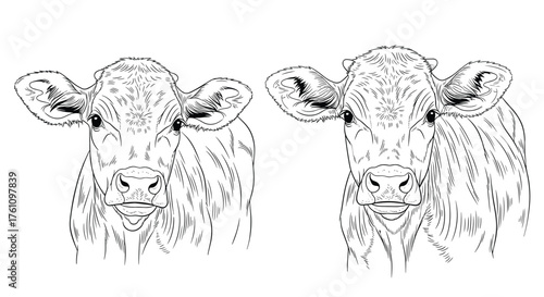 Two detailed line art illustrations of a calf's face looking forward.