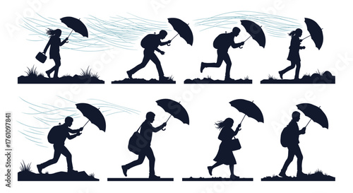 People walking with umbrellas in windy rain illustrations.