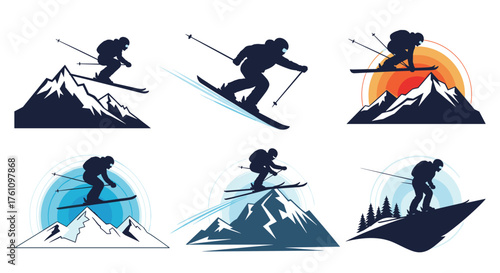 Dynamic ski adventure silhouette on snowy mountain peaks with vibrant sunset and abstract circular backgrounds.