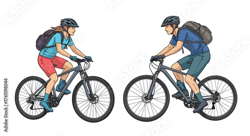 Two cyclists wearing helmets and backpacks riding bicycles.