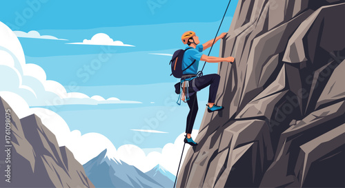 A determined climber ascends a steep rocky mountain face with a blue backpack.