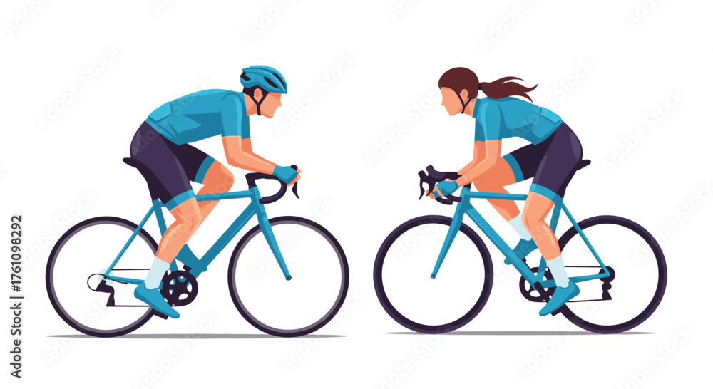 Fototapeta premium Two cyclists wearing blue jerseys and helmets riding on bicycles during a race.