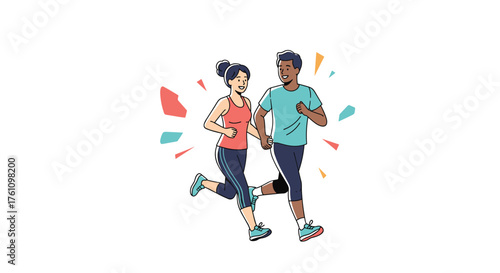 A happy couple enjoys a brisk jog together outdoors on a sunny day.