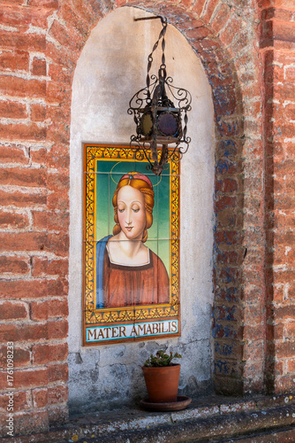 Ceramic shrine to Virgin Mary, Trequanda, Siena Province, Tuscany, Italy