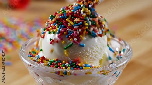 A hand is shaking a jar of vibrant, multi-colored candy sprinkles over a scoop of white vanilla ice cream, decorating the delicious dessert treat.